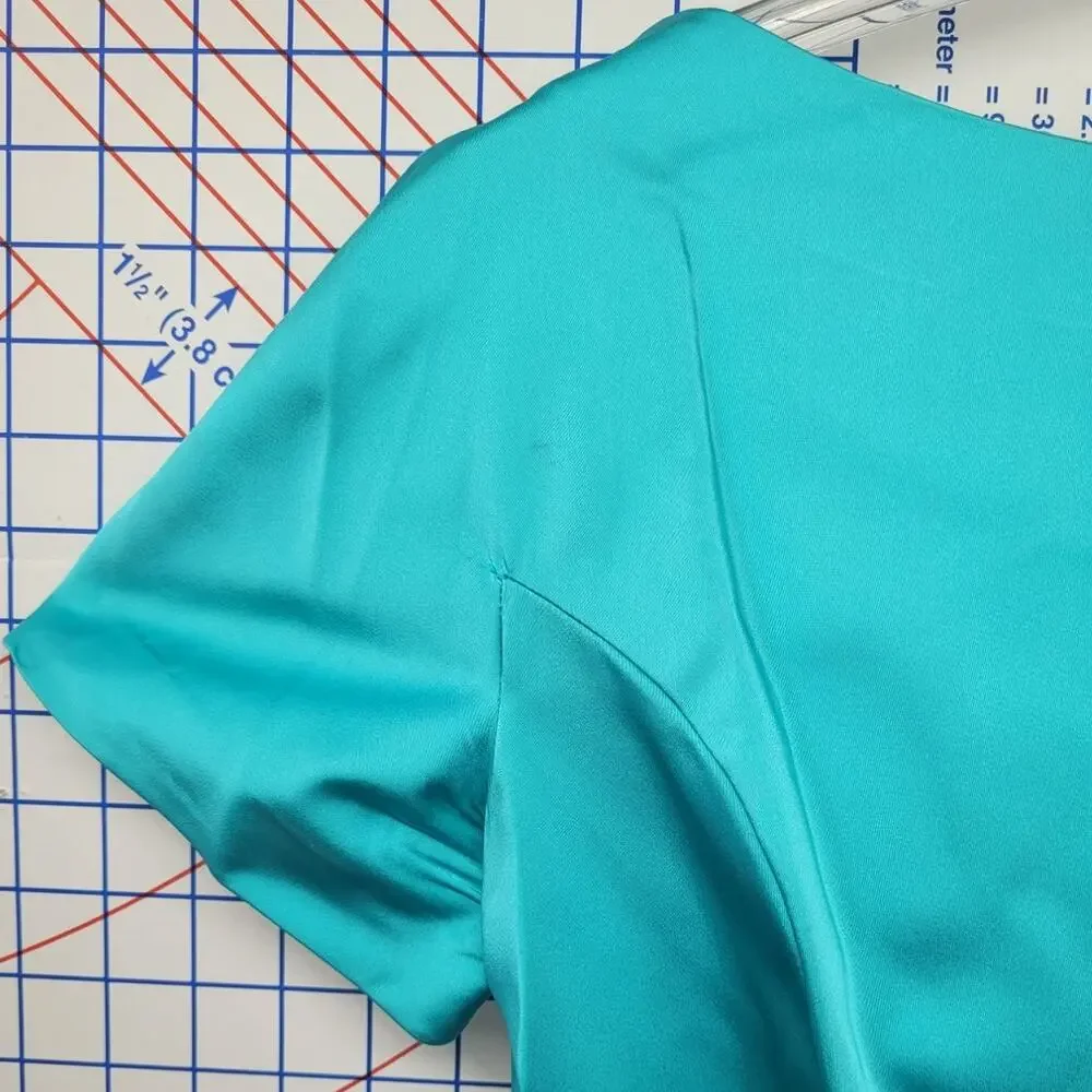 Vintage 50s 60s Satin‎ Blue Boatneck Cocktail Dress Elegant Timeless Style - Picture 14 of 16